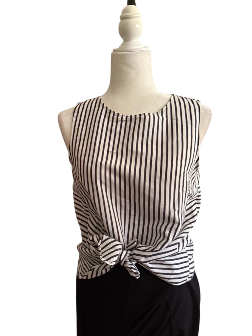 Sleeveless Black & White Vertical Stripe Tie-Front Top